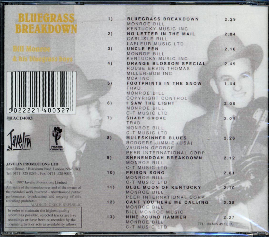 Bill Monroe & His Bluegrass Boys - Blue Grass Breakdown [New CD]