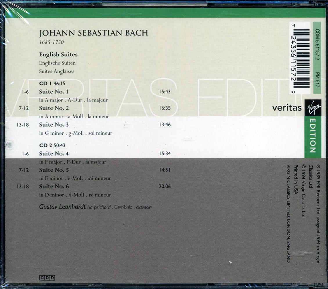Bach, Gustav Leonhardt - 6 English Suites (2xCD) [New CD]