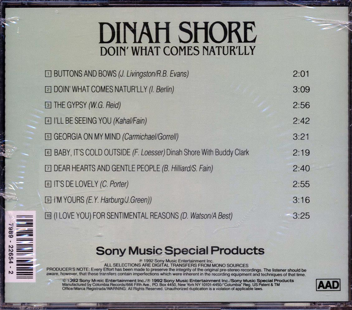 Dinah Shore - Doin' What Comes Natur'lly [New CD]