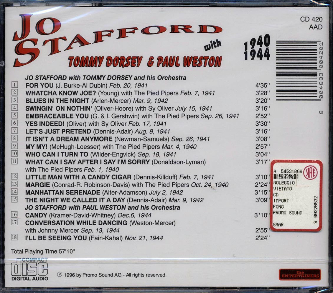 Jo Stafford - Jo Stafford With Tommy Dorsey & Paul Weston 1940-1944 [New CD]