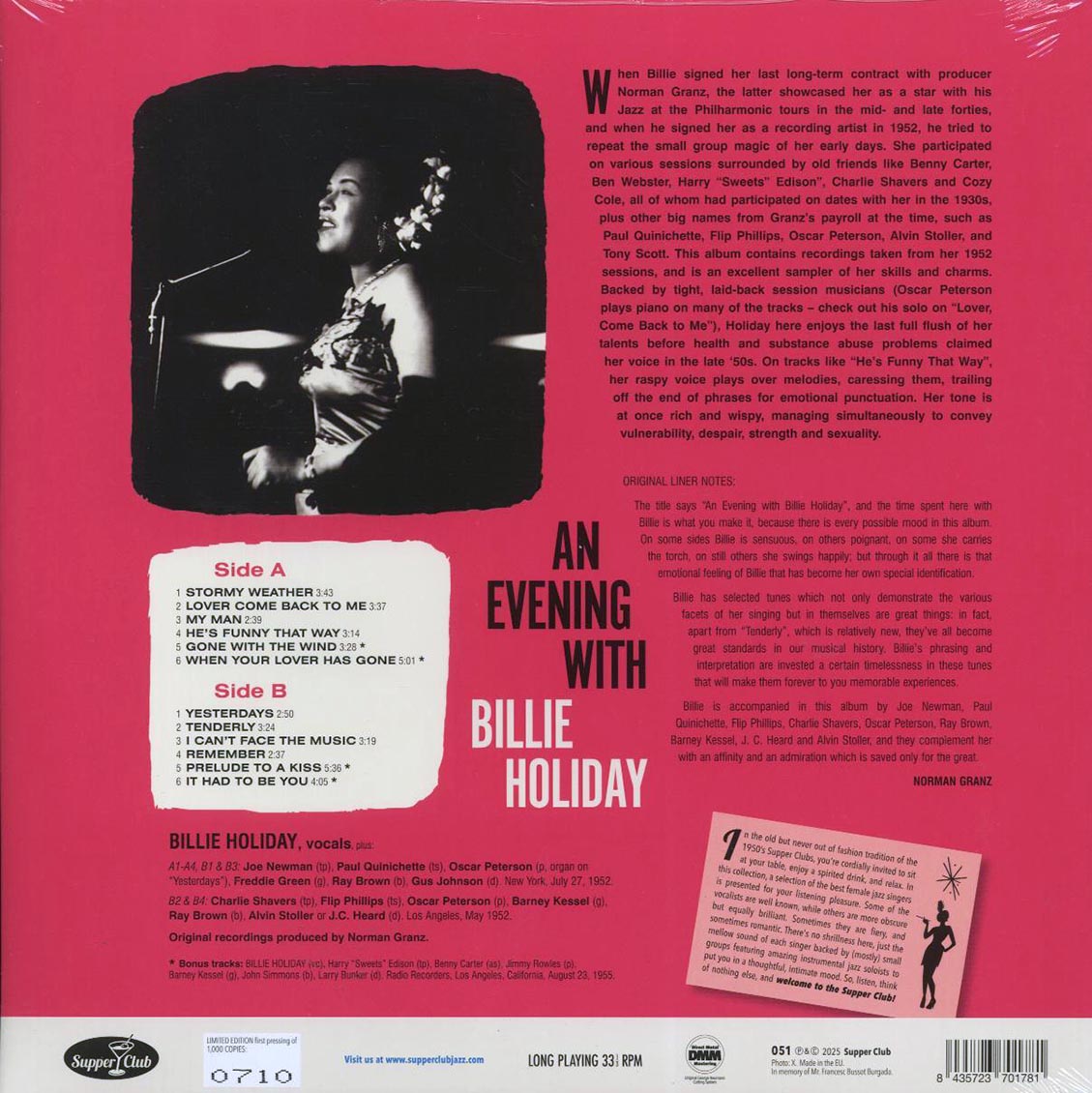 Billie Holiday - An Evening With Billie Holiday (+4 bonus tracks) (ltd. ed.) (180g) [New Vinyl Record LP]