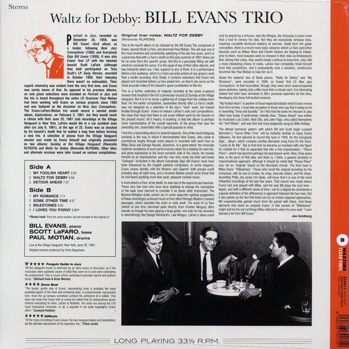Bill Evans Trio, Scott LaFaro, Paul Motian - Waltz For Debby (+bonus track) (ltd. ed.) (180g) (clear vinyl) [New Vinyl Record LP]