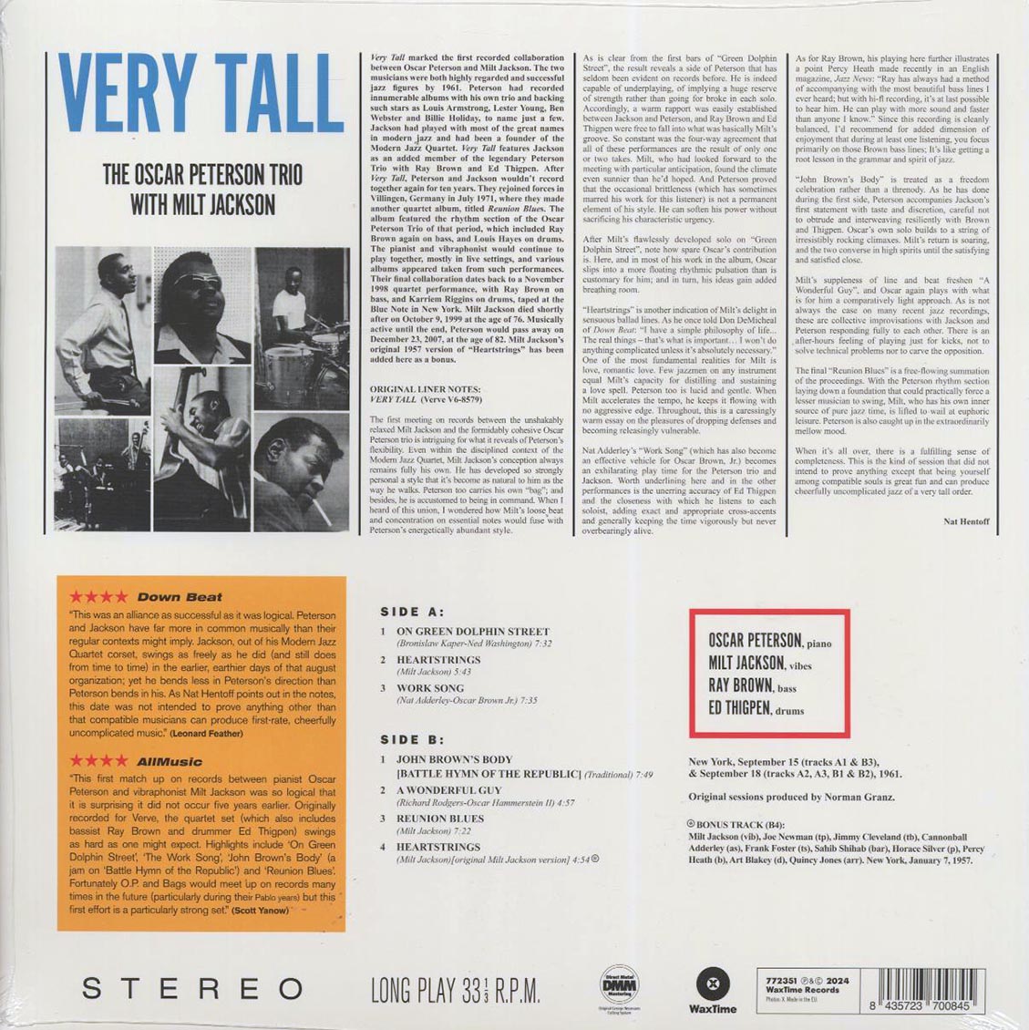 Oscar Peterson Trio, Milt Jackson - Very Tall (+bonus track) (ltd. ed.) (180g) [New Vinyl Record LP]