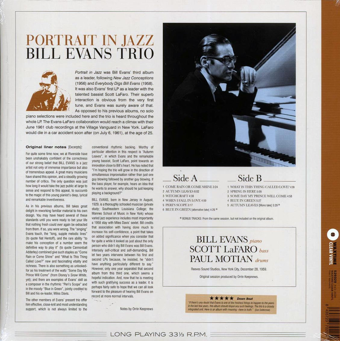 Bill Evans Trio - Portrait In Jazz (+2 bonus tracks) (ltd. ed.) (180g) (clear vinyl) [New Vinyl Record LP]