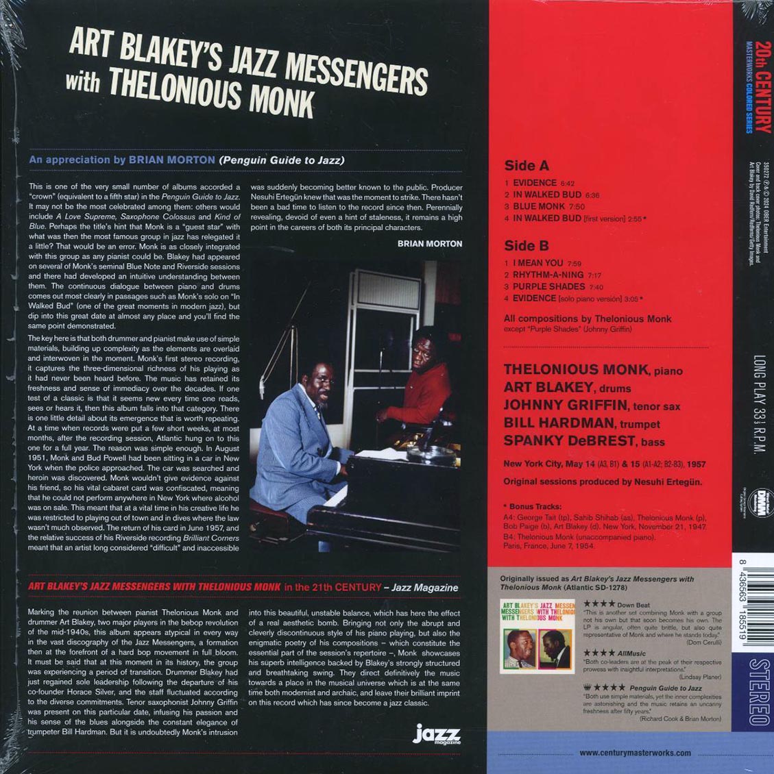 Art Blakey's Jazz Messengers, Thelonious Monk - Art Blakey's Jazz Messengers With Thelonious Monk (+2 bonus tracks) (ltd. ed.) (180g) (red vinyl) [New Vinyl Record LP]
