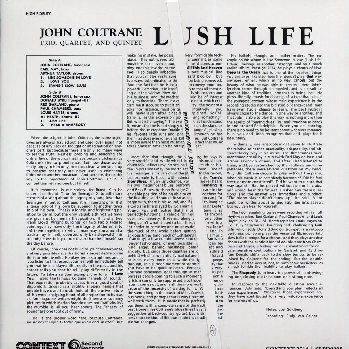 John Coltrane - Lush Life (180g) (blue vinyl) [New Vinyl Record LP]