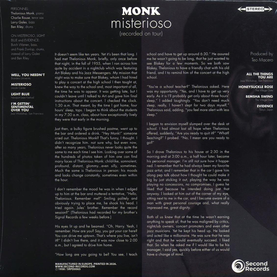 Thelonious Monk Quartet - Misterioso: Recorded On Tour (180g) [New Vinyl Record LP]
