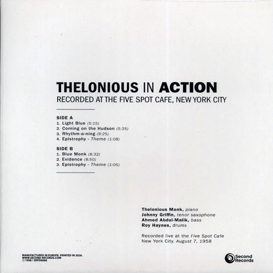 Thelonious Monk Quartet - Thelonious In Action: Recorded At The Five Spot Cafe, New York City (180g) (clear vinyl) [New Vinyl Record LP]