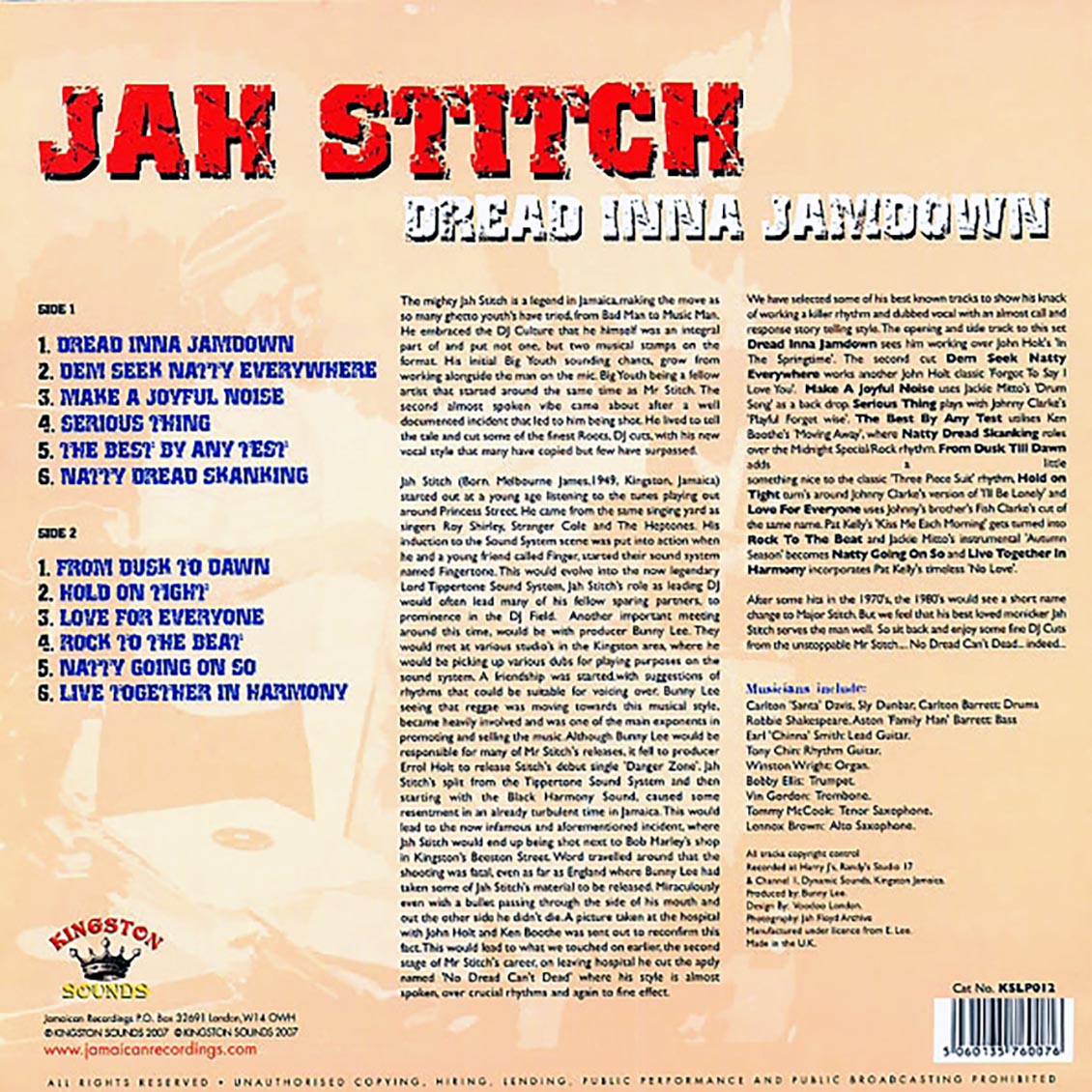 Jah Stitch - Dread Inna Jamdown (180g) [New Vinyl LP]