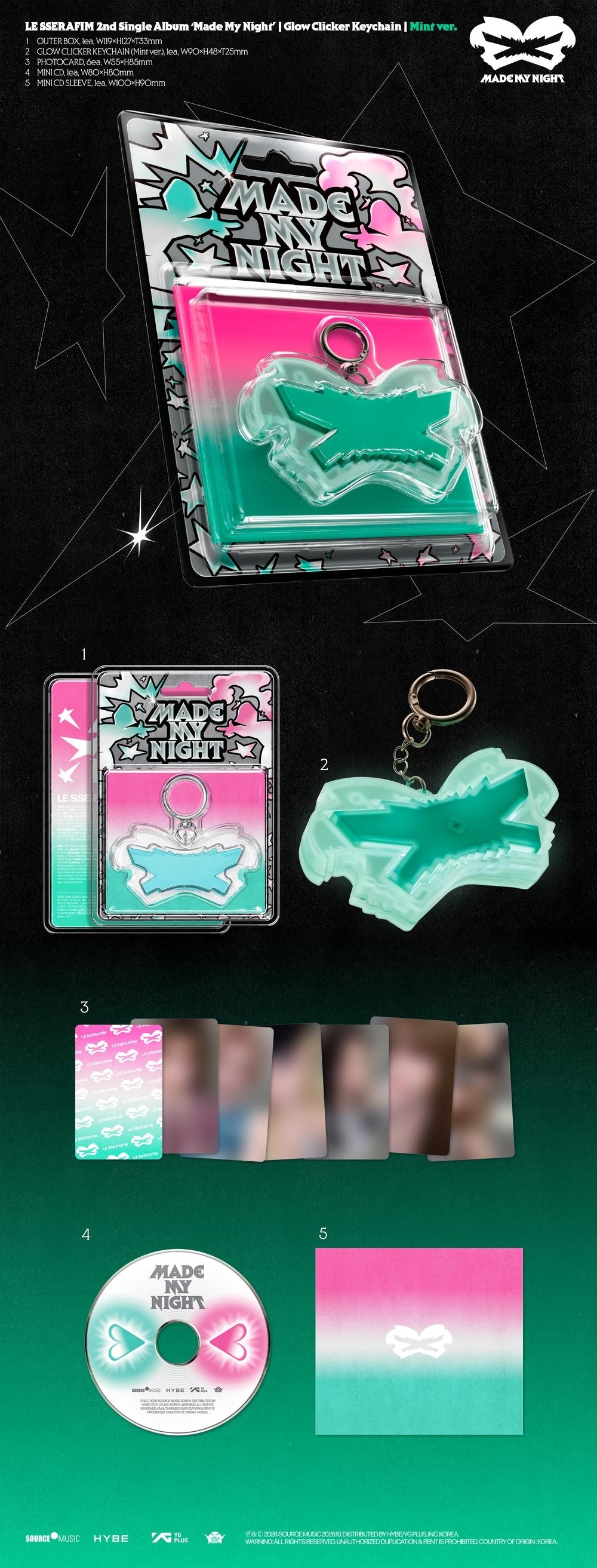LE SSERAFIM - 2nd Single Album 'Made My Night' [Mint Glow Clicker Keychain ver.] [New CD]