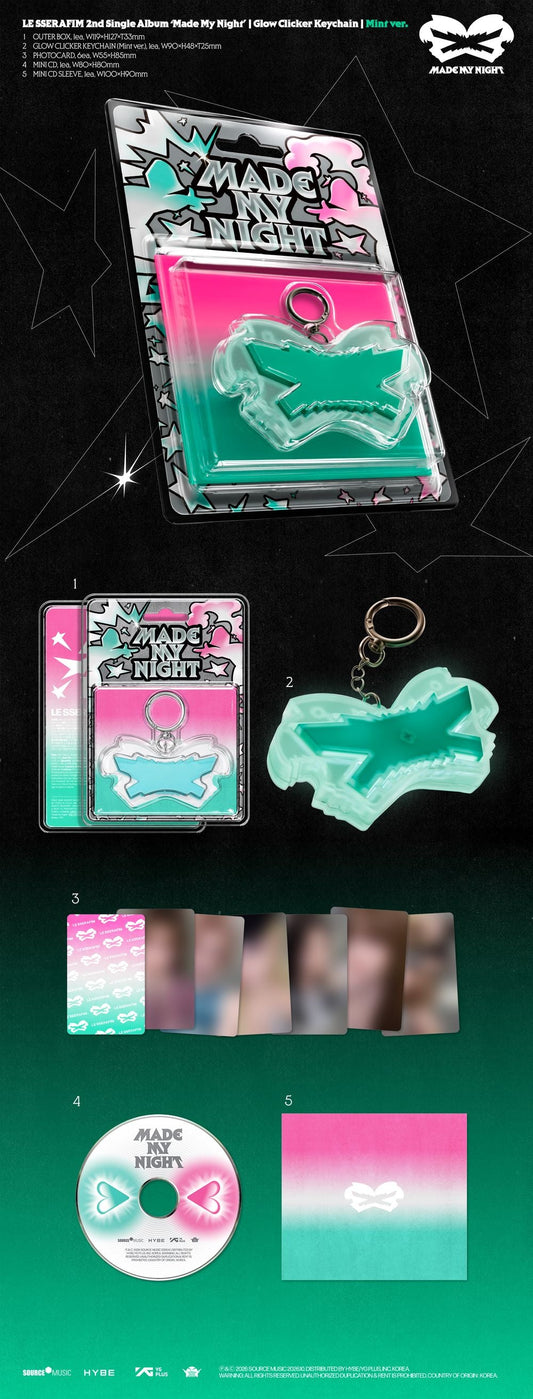 LE SSERAFIM - 2nd Single Album 'Made My Night' [Mint Glow Clicker Keychain ver.] [New CD]