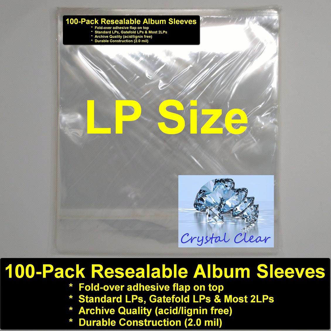 12" Outer Sleeves - Pack of 100 Polypropylene Crystal Clear LP Bags With Resealable Flap