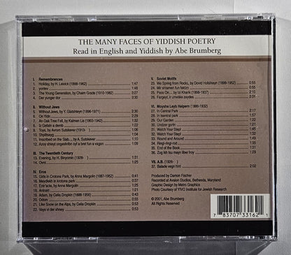 Back cover of a CD titled 'The Many Faces of Yiddish Poetry' with tracklist and barcode.
