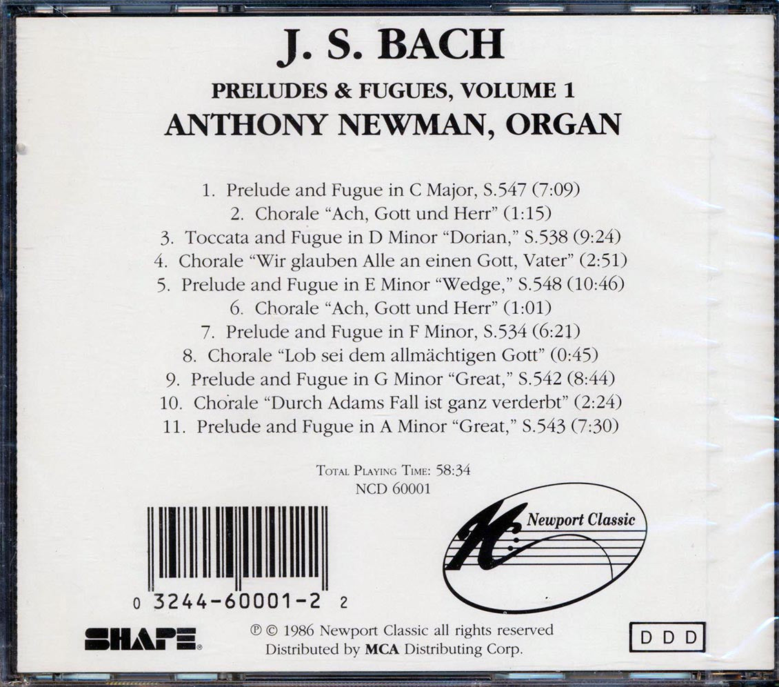 Anthony Newman - Bach: Preludes & Fugues for Organ, Volume 1 [1986 New CD]