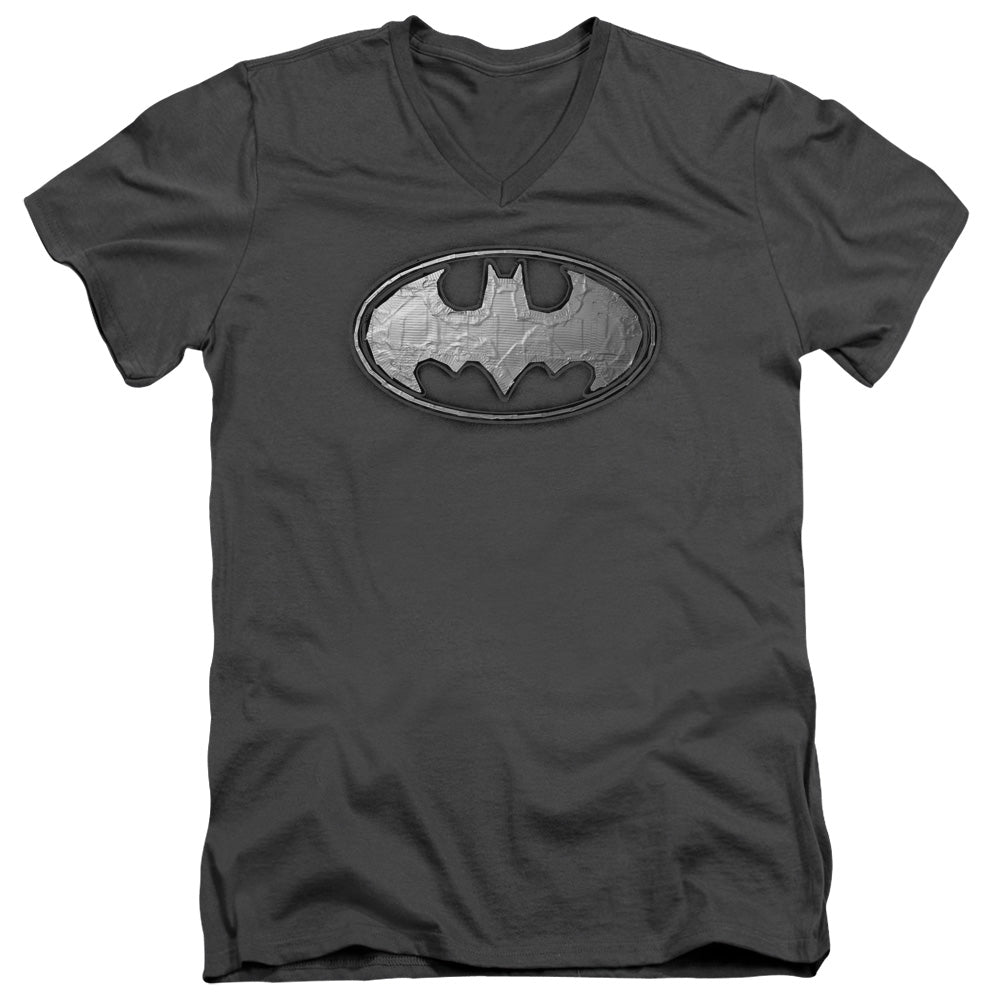 Batman Duct Tape Logo Mens Slim Fit V Neck T Shirt Charcoal Officially Licensed