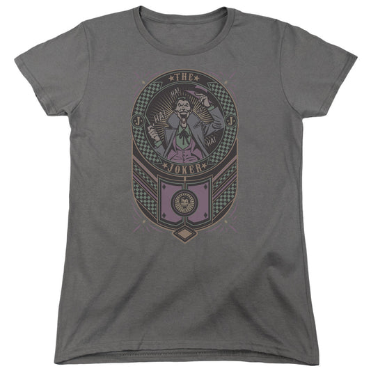 Batman Joker Checkered Sign Womens T Shirt Charcoal Officially Licensed