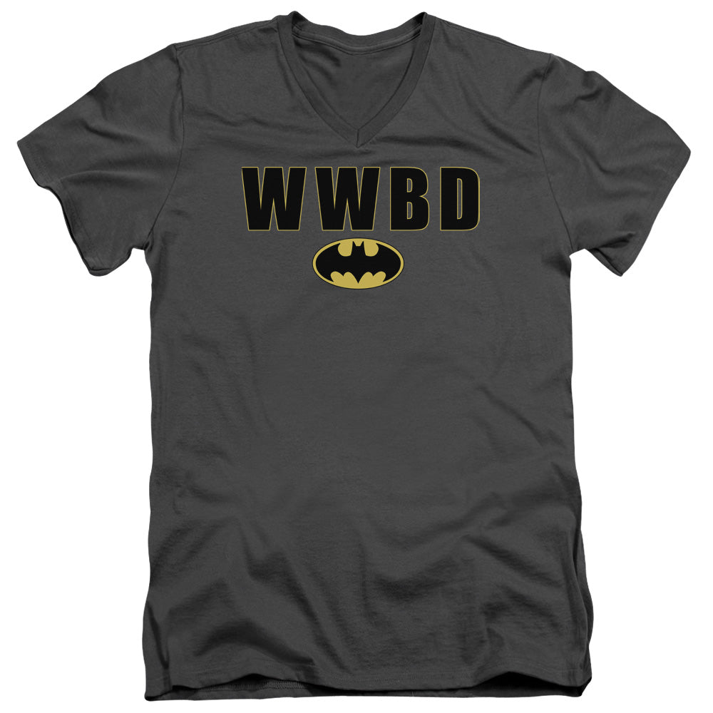 Batman Wwbd Logo Mens Slim Fit V Neck T Shirt Charcoal Officially Licensed