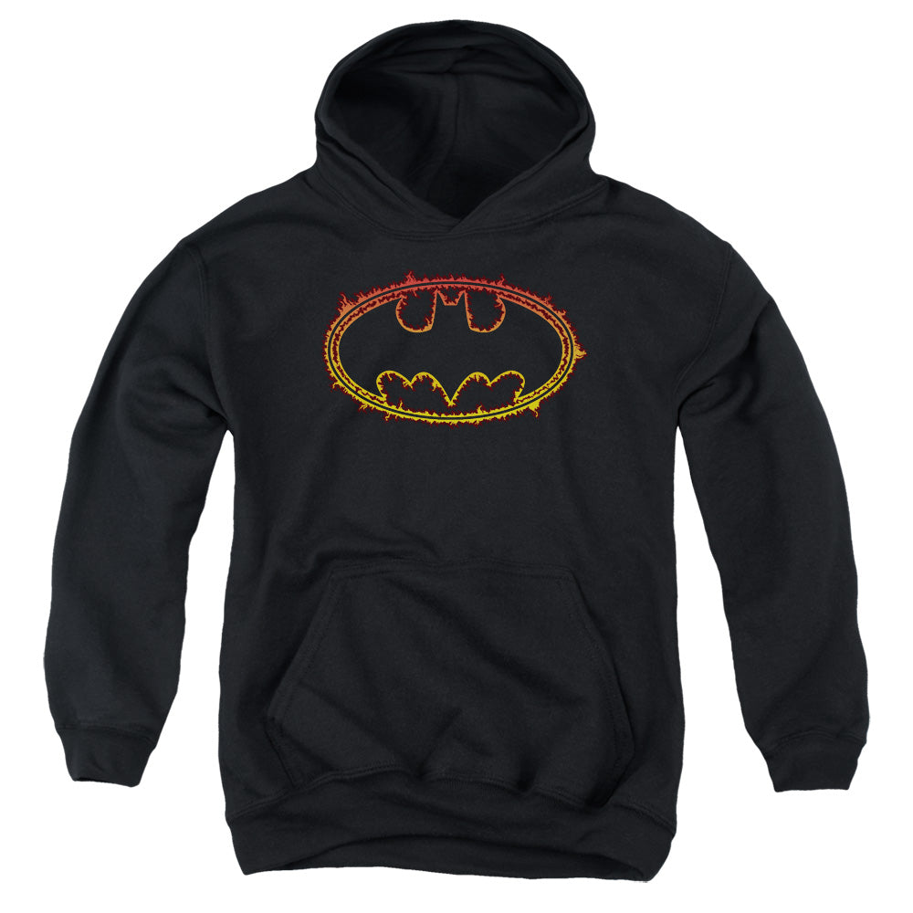 Batman Flame Outlined Logo Kids Youth Hoodie Black Officially Licensed