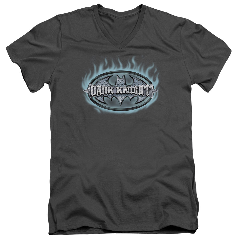 Batman Dark Knight Steel Shield Mens Slim Fit V Neck T Shirt Charcoal Officially Licensed