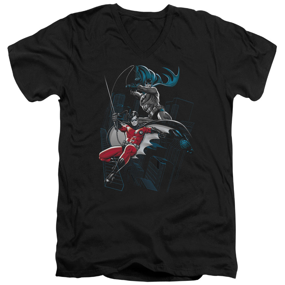 Batman Black And White Mens Slim Fit V Neck T Shirt Black Officially Licensed