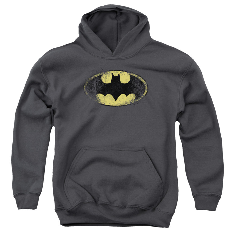 Batman Destroyed Logo Kids Youth Hoodie Charcoal Officially Licensed