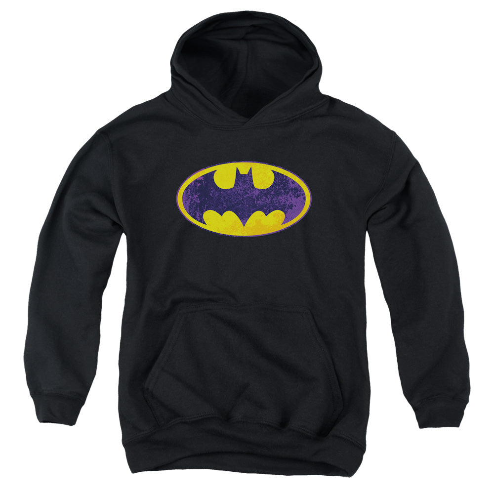Batman Bm Neon Distress Logo Kids Youth Hoodie Black Officially Licensed