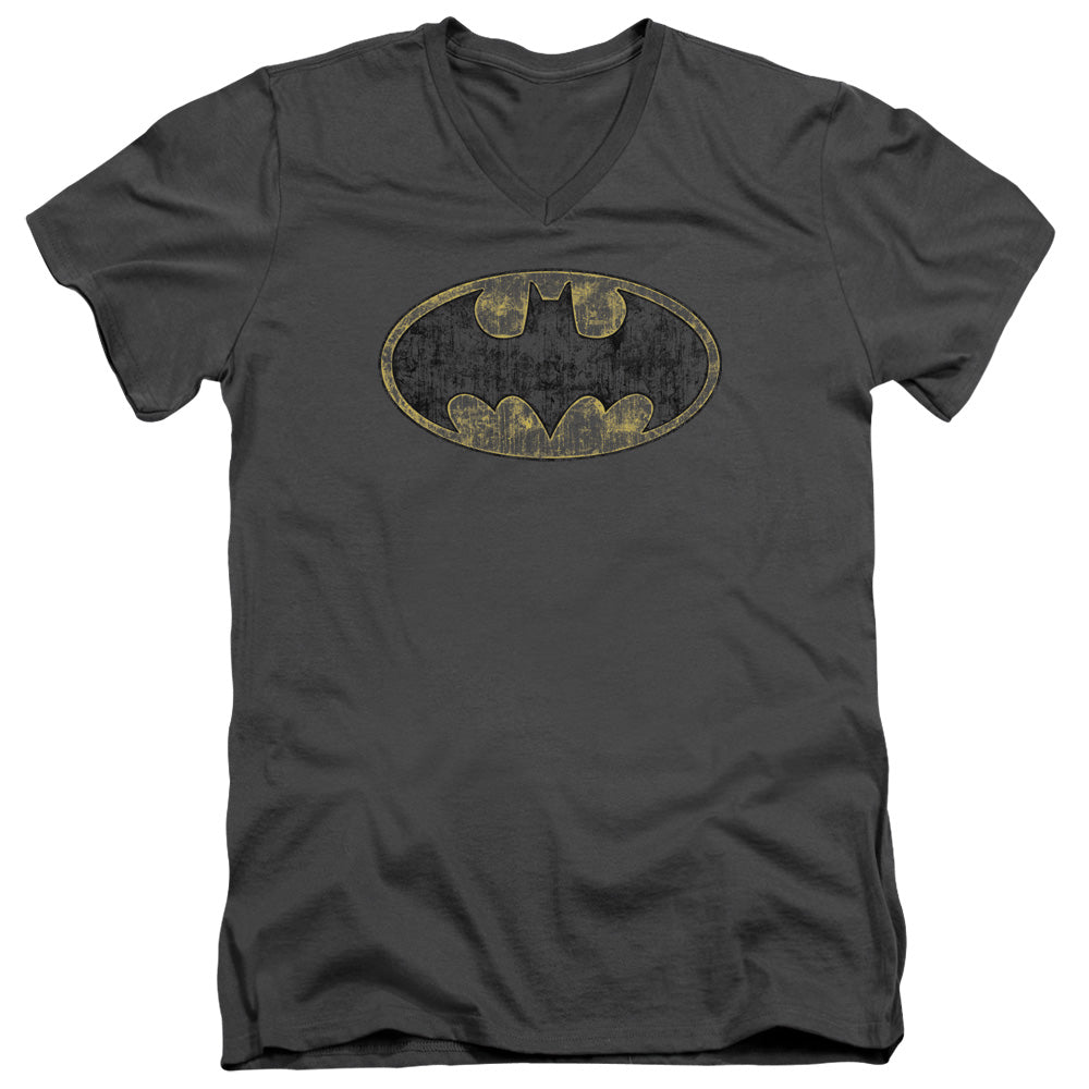 Batman Tatered Logo Mens Slim Fit V Neck T Shirt Charcoal Officially Licensed