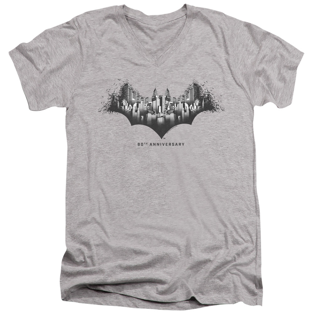 Batman Gotham Shield Mens Slim Fit V Neck T Shirt Athletic Heather Officially Licensed