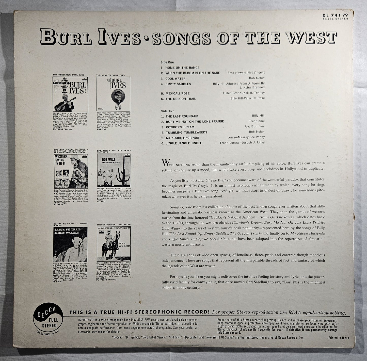 Burl Ives - Songs of the West [1961 Pinckneyville Press] [Used Vinyl Record LP]