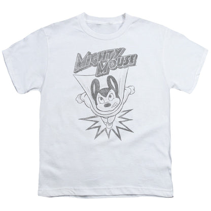 Mighty Mouse Bursting Out Kids Youth T Shirt White Officially Licensed