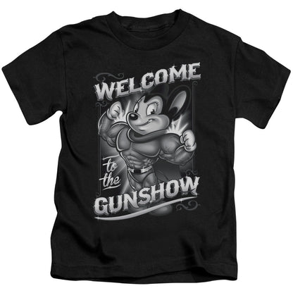 Mighty Mouse Mighty Gunshow Juvenile Kids Youth T Shirt Black Officially Licensed