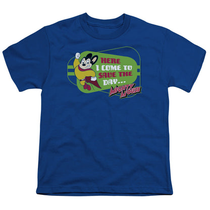 Mighty Mouse Here I Come Kids Youth T Shirt Royal Blue Officially Licensed