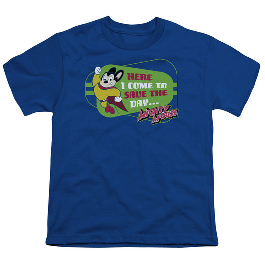 Mighty Mouse Here I Come Kids Youth T Shirt Royal Blue Officially Licensed