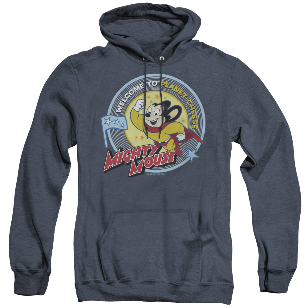 Mighty Mouse Planet Cheese Heather Mens Hoodie Navy Blue Officially Licensed
