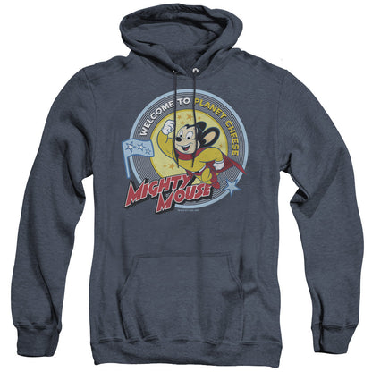 Mighty Mouse Planet Cheese Mens Heather Hoodie Navy Officially Licensed