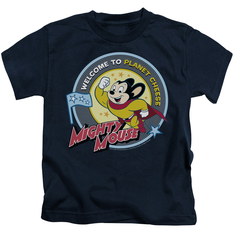 Mighty Mouse Planet Cheese Juvenile Kids Youth T Shirt Navy Officially Licensed