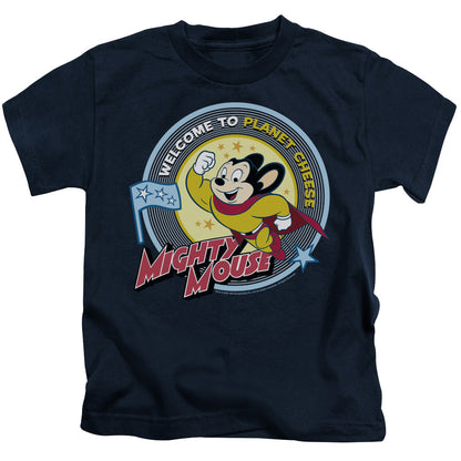 Mighty Mouse Planet Cheese Juvenile Kids Youth T Shirt Navy Officially Licensed
