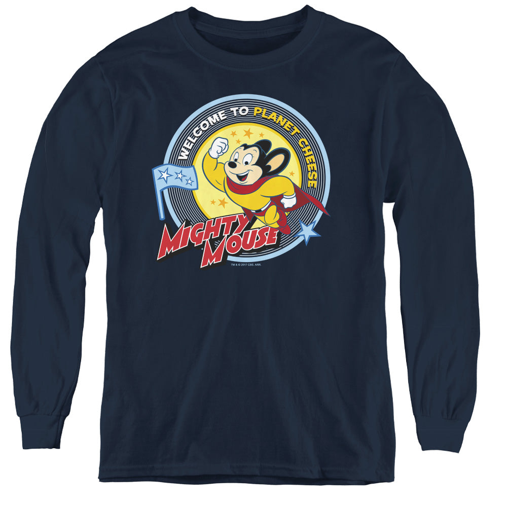 Mighty Mouse Planet Cheese Long Sleeve Kids Youth T Shirt Navy Officially Licensed