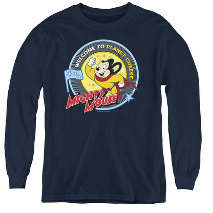 Mighty Mouse Planet Cheese Long Sleeve Kids Youth T Shirt Navy Officially Licensed
