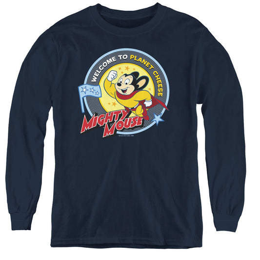 Mighty Mouse Planet Cheese Long Sleeve Kids Youth T Shirt Navy Blue Officially Licensed