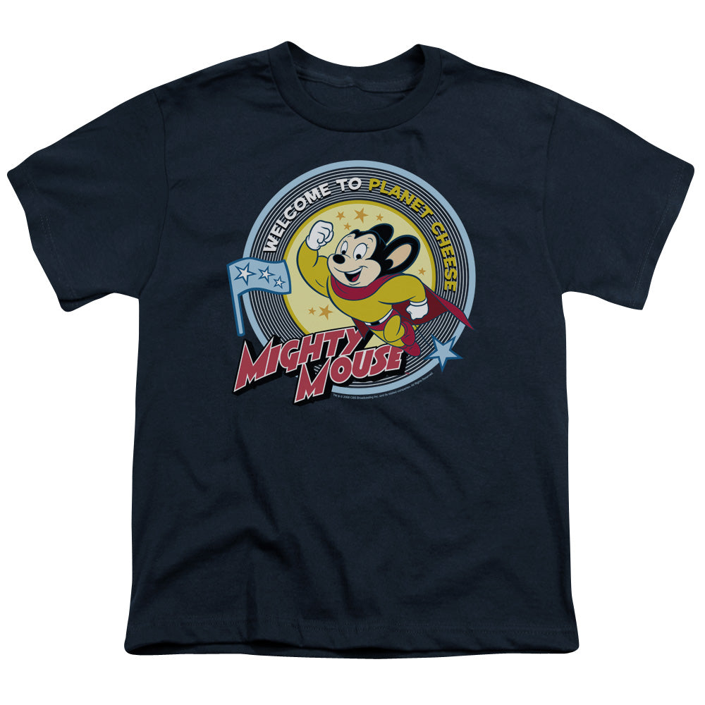 Mighty Mouse Planet Cheese Kids Youth T Shirt Navy Blue Officially Licensed