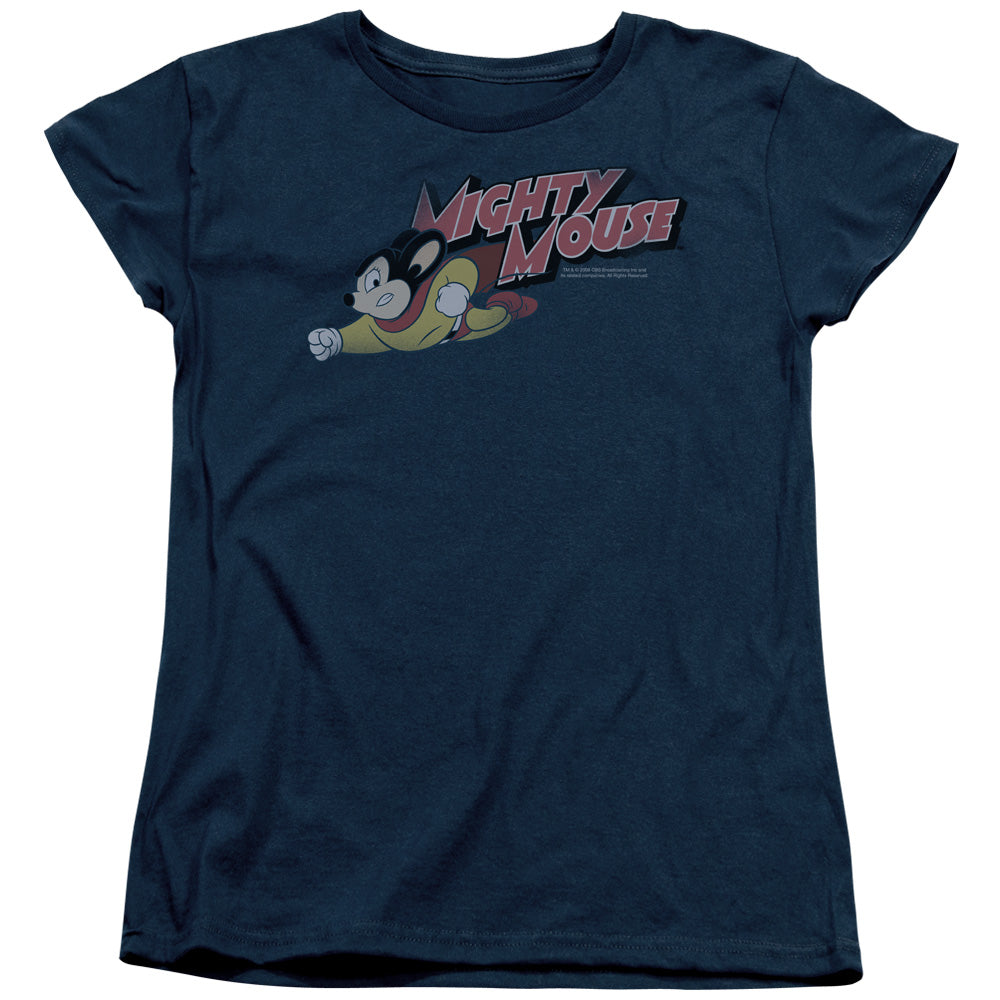 Mighty Mouse Mighty Retro Womens T Shirt Navy Blue Officially Licensed