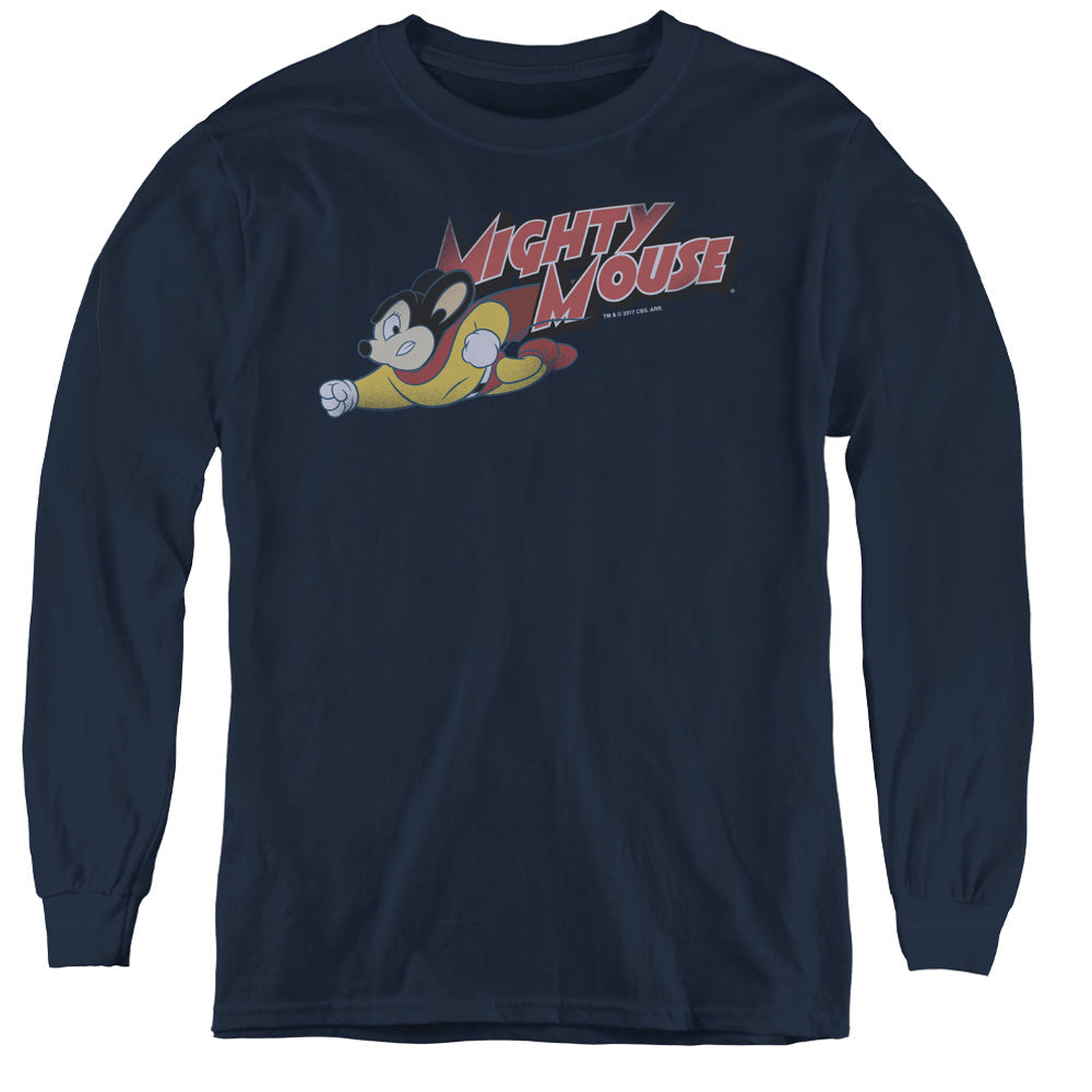 Mighty Mouse Mighty Retro Long Sleeve Kids Youth T Shirt Navy Officially Licensed