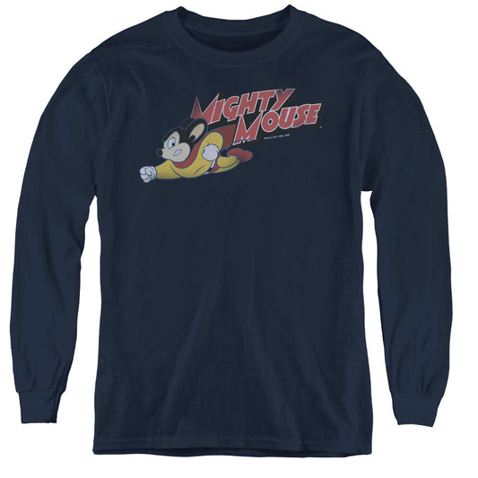 Mighty Mouse Mighty Retro Long Sleeve Kids Youth T Shirt Navy Blue Officially Licensed