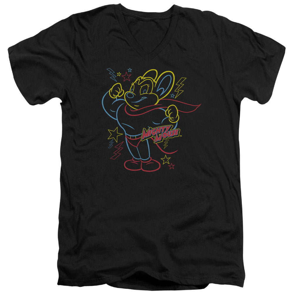 Mighty Mouse Neon Hero Mens Slim Fit V-Neck T Shirt Black Officially Licensed