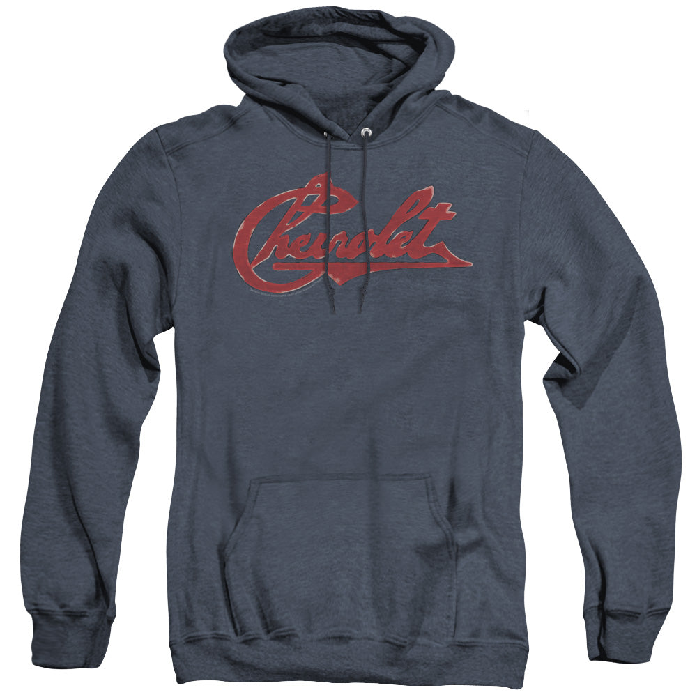 Chevrolet Chevrolet Script Distressed Mens Heather Hoodie Navy Officially Licensed
