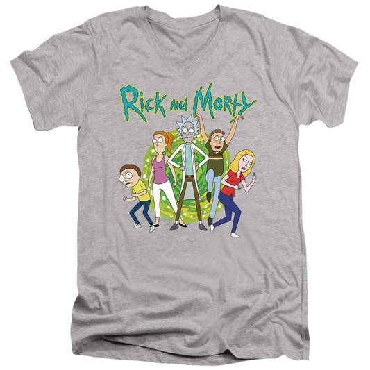 Rick And Morty Family Fights Together Mens Slim Fit V-Neck T Shirt Athletic Heather Officially Licensed