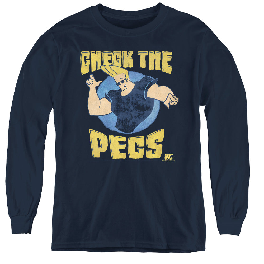 Johnny Bravo Check the Pects Long Sleeve Kids Youth T Shirt Navy Blue Officially Licensed