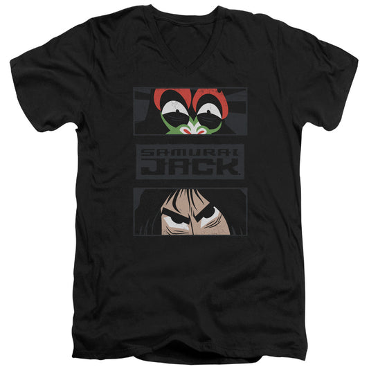 Samurai Jack Stare Down Mens Slim Fit V Neck T Shirt Black Officially Licensed