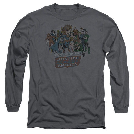DC Comics Join the Justice League Mens Long Sleeve Shirt Charcoal Officially Licensed